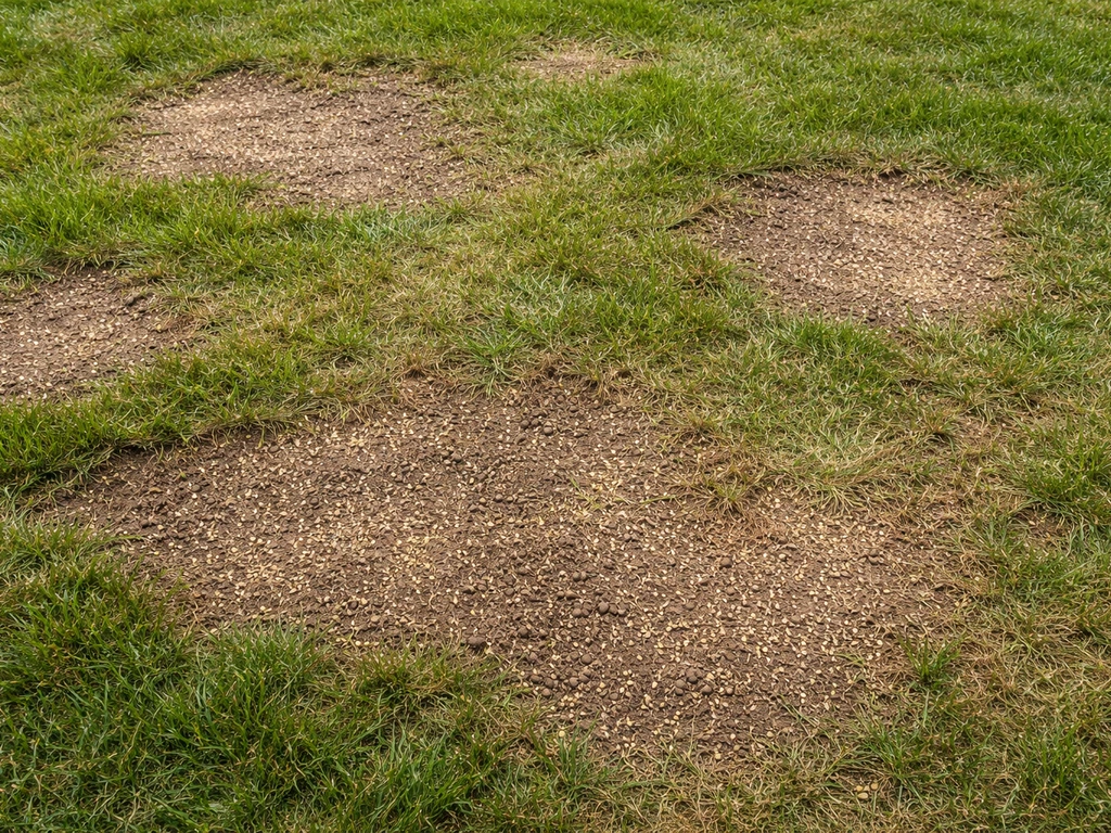 Bovenaanzicht van een gazon met droge kale plekken en doorzaaizaad dat lichtjes in de grond is gewerkt.