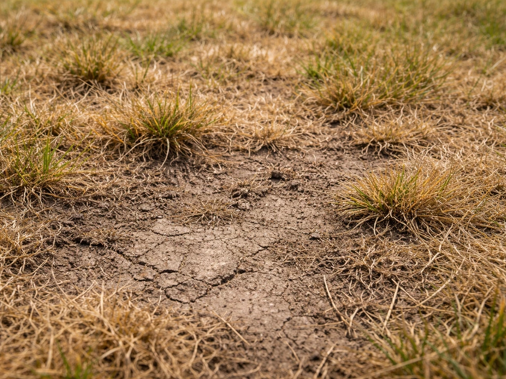 Close-up van een gazon met gele en bruine plekken, harde verdichte grond en een viltachtige laag