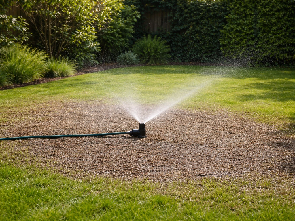 Tuinsproeier besproeit net doorgezaaid gras gelijkmatig; vochtige toplaag zonder wegspoelen.