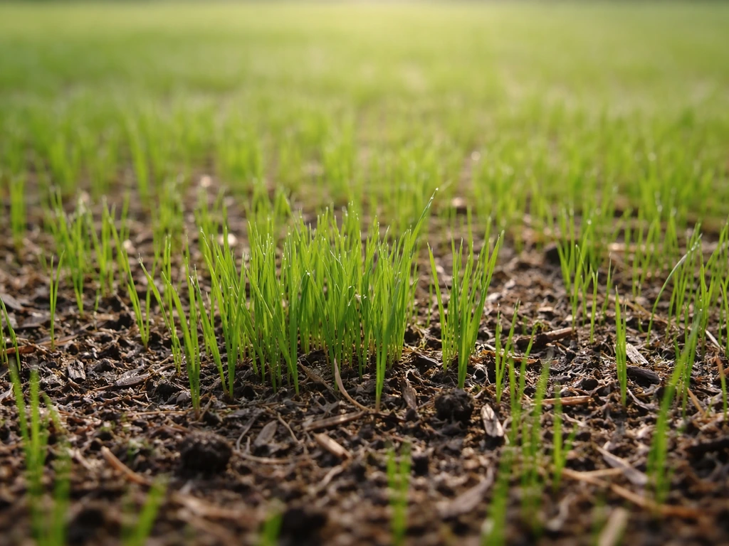 Close-up van pas doorgezaaid gazon met lichtgroene nieuwe sprieten en nog niet gemaaide jonge grasplantjes.