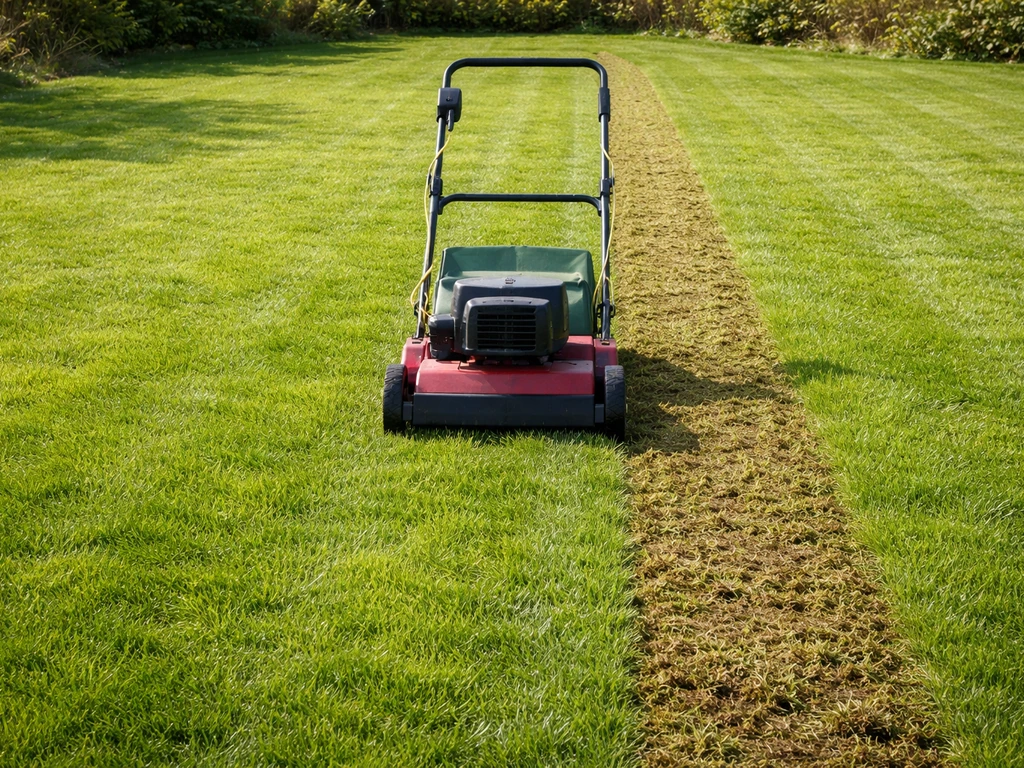 Een verticuteermachine rijdt door vers groen gazon in de lente, met net bewerkte stroken zichtbaar.