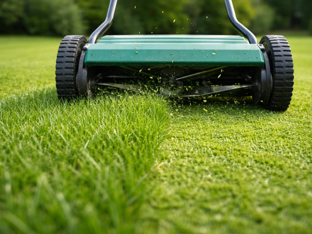 Close-up van een grasmaaier die gras zeer kort maait tot ongeveer 2–3 cm voor het verticuteren.