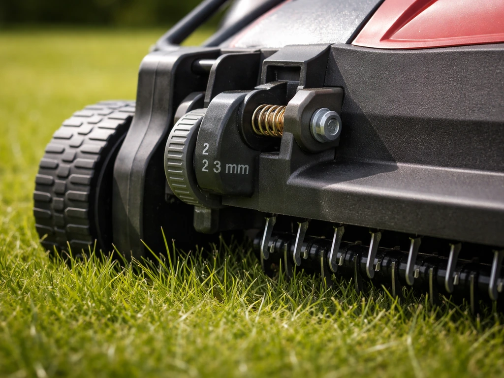 Close-up van een verticuteermachine op gazon, met zichtbare snijdiepte-instelling voor 2–3 mm onderhoud.