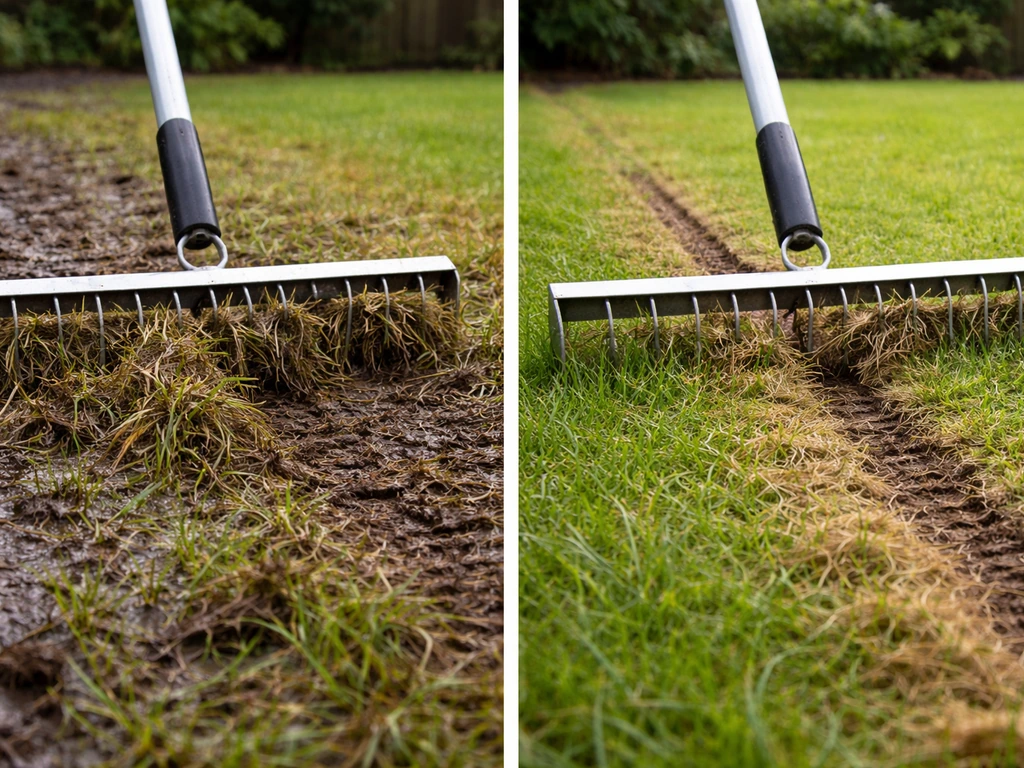 Twee delen gazon: verticuteren in nat gras laat rafelige sneden zien, in droog gras nette snijranden.