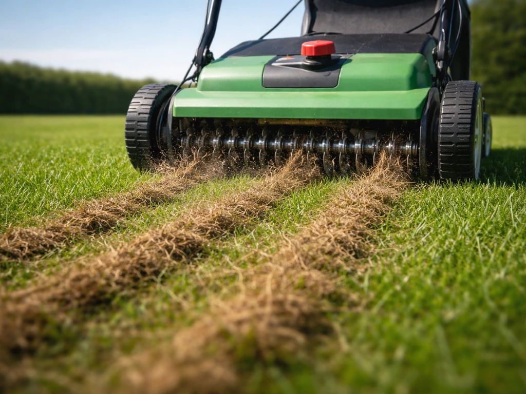 Verticuteermachine die over een groen gazon rijdt; zichtbaar losgekomen vilt in banen achter de machine.