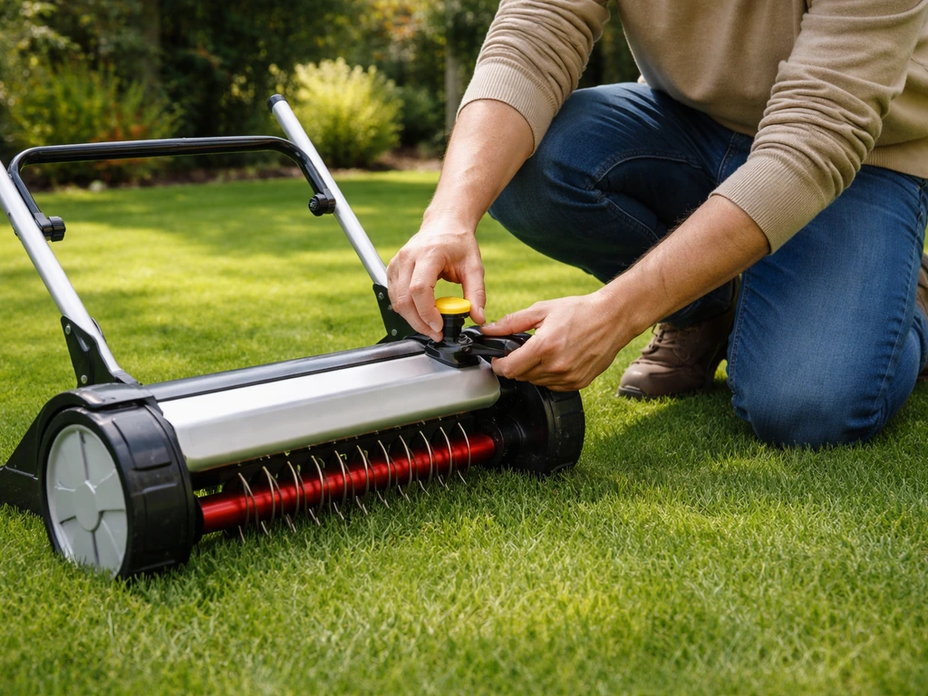 Klein gazon met verticuteermachine-instelling op een oprit; maaien op 3–4 cm en gereed voor verticuteren.