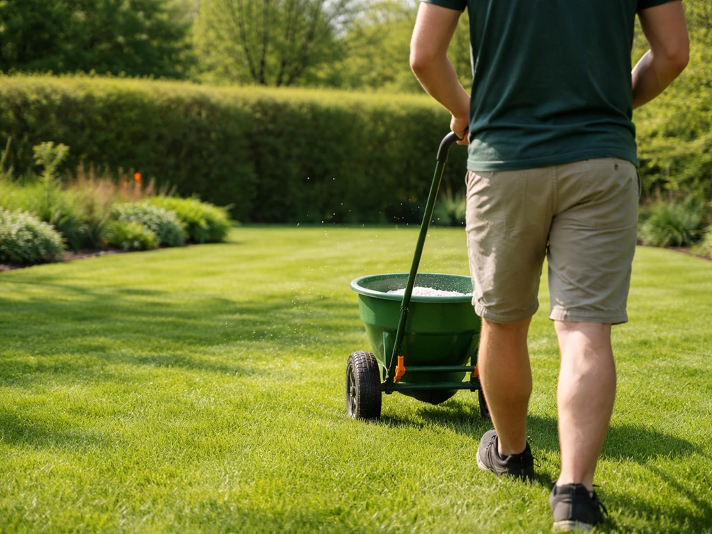 Anonieme tuinier strooit mestkorrels over een groen Nederlands gazon, met een eenvoudige tuin als achtergrond.