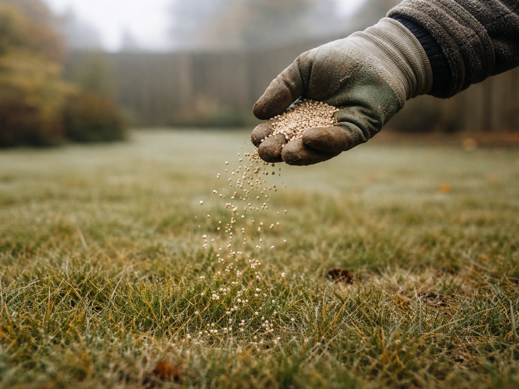 Hand strooit kaliumrijke najaarsmestkorrels op een gazon in de herfst, richting winter.