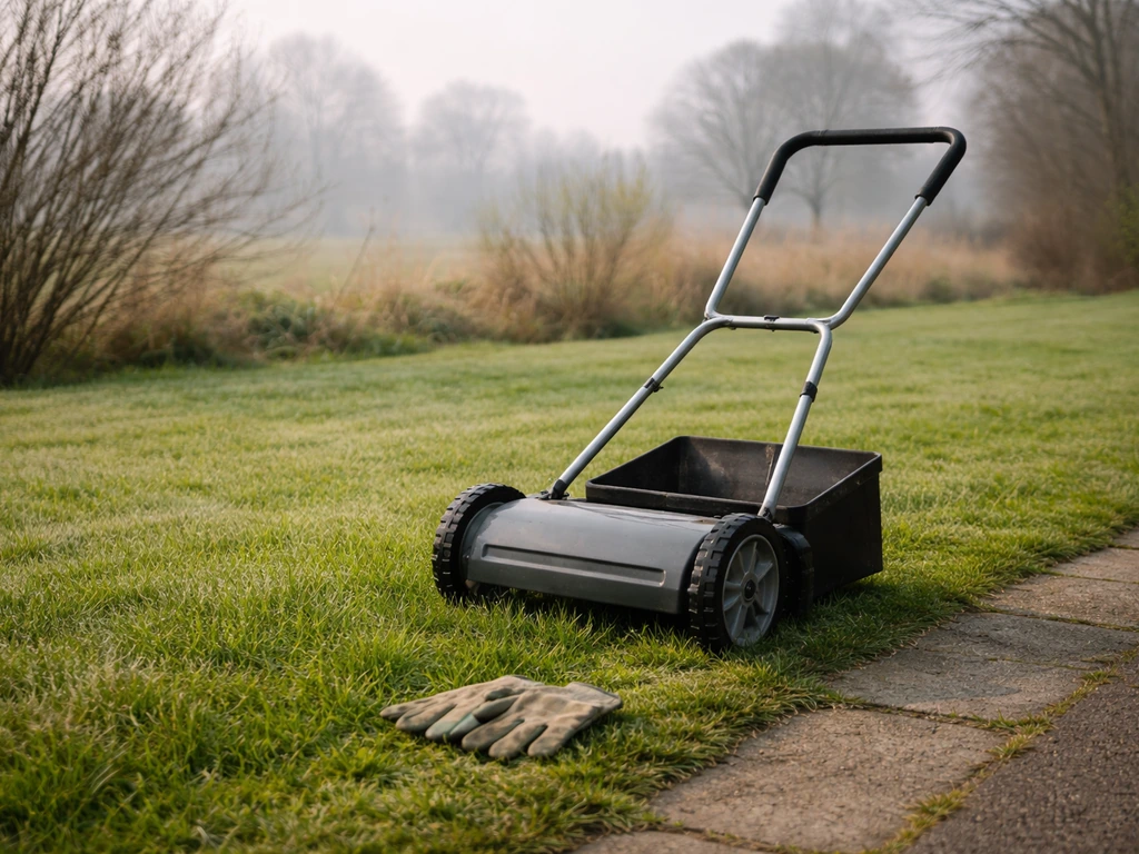 Fris groen startend gazon in het voorjaar met een neergelegde grasmaaier en tuinhandschoenen op gras.