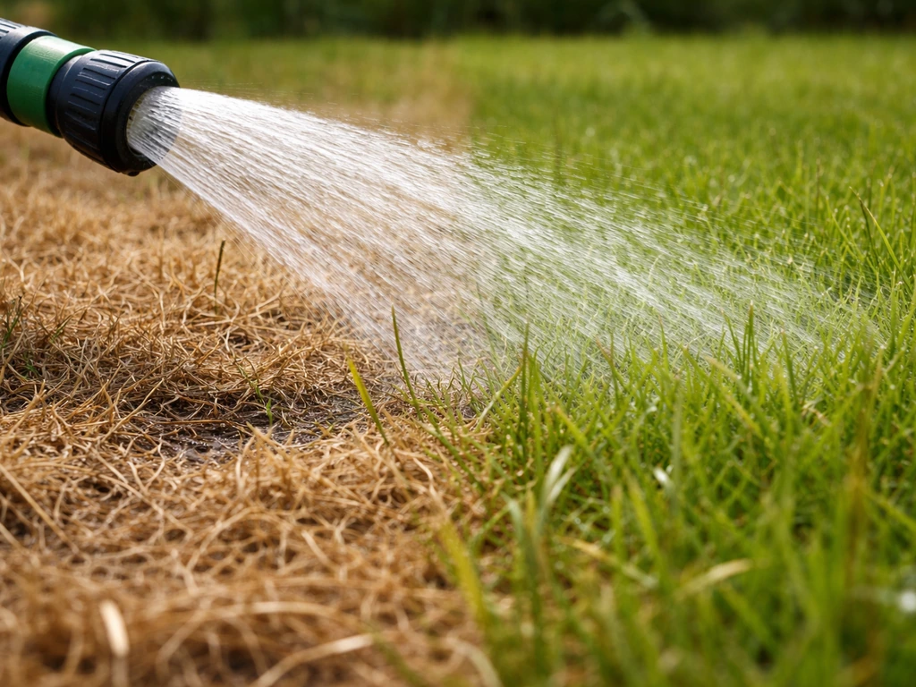 Gerichte sproeiinstallatie die droog gazon water geeft; bruin gras kleurt zichtbaar frisser groen na watergift.