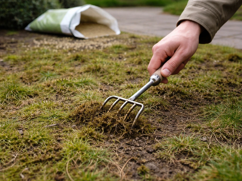 Close-up van een hand met handschraper die mos van een kale grasplek verwijdert, met graszaad op de grond.