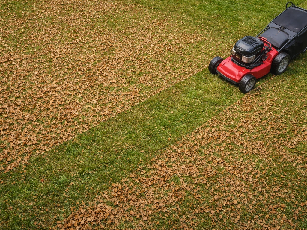 Bovenaanzicht van een gazon waar herfstbladeren door een mulchmaaier fijn worden versnipperd tot bladmulch.