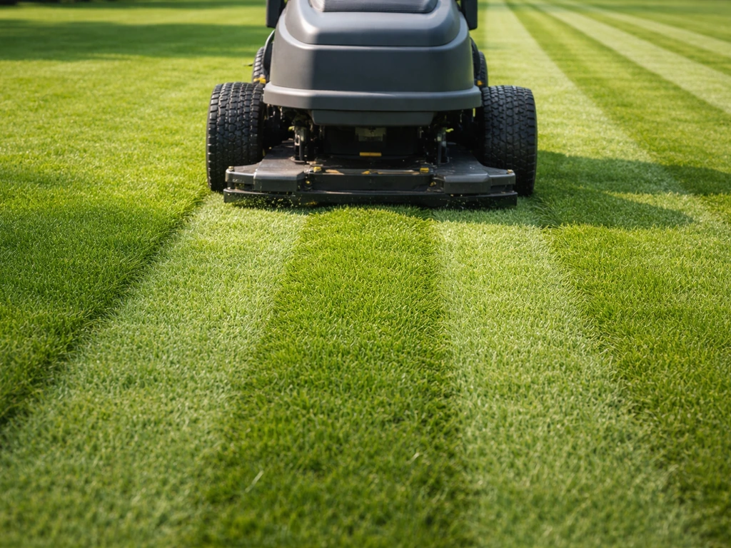 Gelijkmatige rijbanen op een gazon met een anonieme maaier, zodat het gras gelijkmatig versnipperd wordt