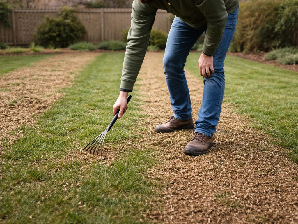 Persoon loopt over het gazon direct na het mulchen en controleert mulchdeeltjes en eventuele stapeltjes.