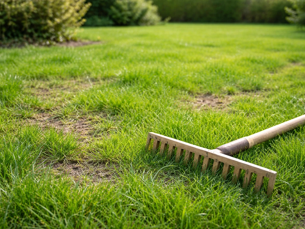 Heldergroen voorjaar gazon met een hark en jonge grasgroei, klaar voor herstel en voorjaarsbemesting