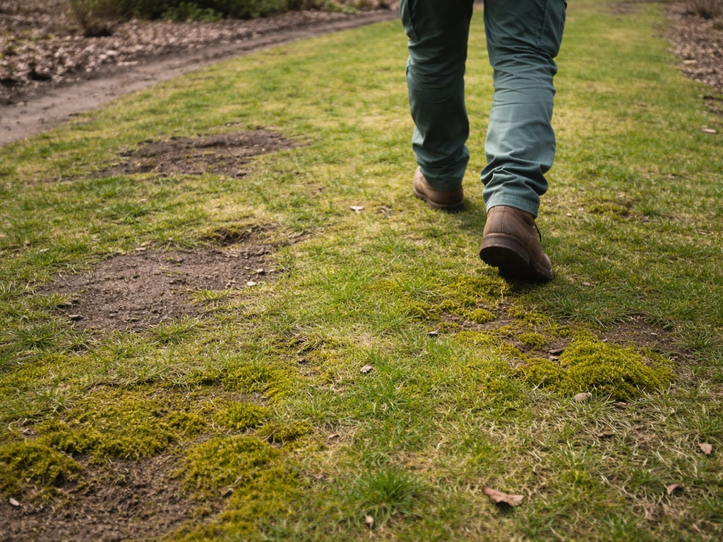 Anonieme persoon loopt over een gazon met kale plekken, vilt en mos na de winter in het voorjaar.