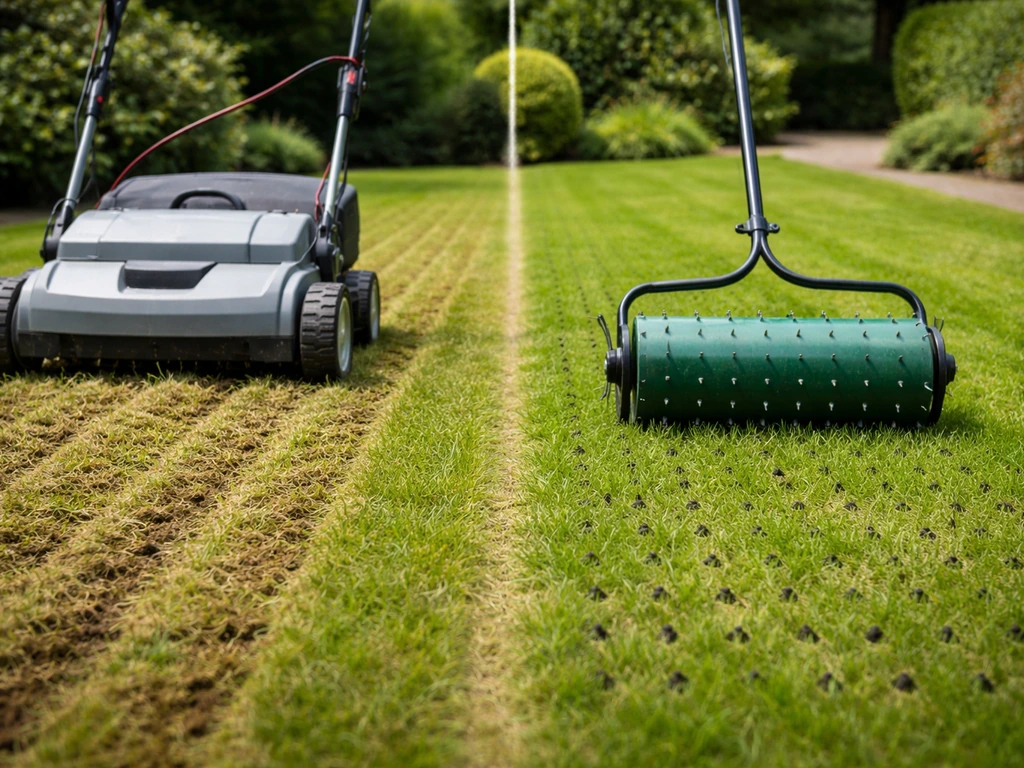 Twee delen van hetzelfde gazon: verticuteren met machine links en beluchten met rol met stekels rechts