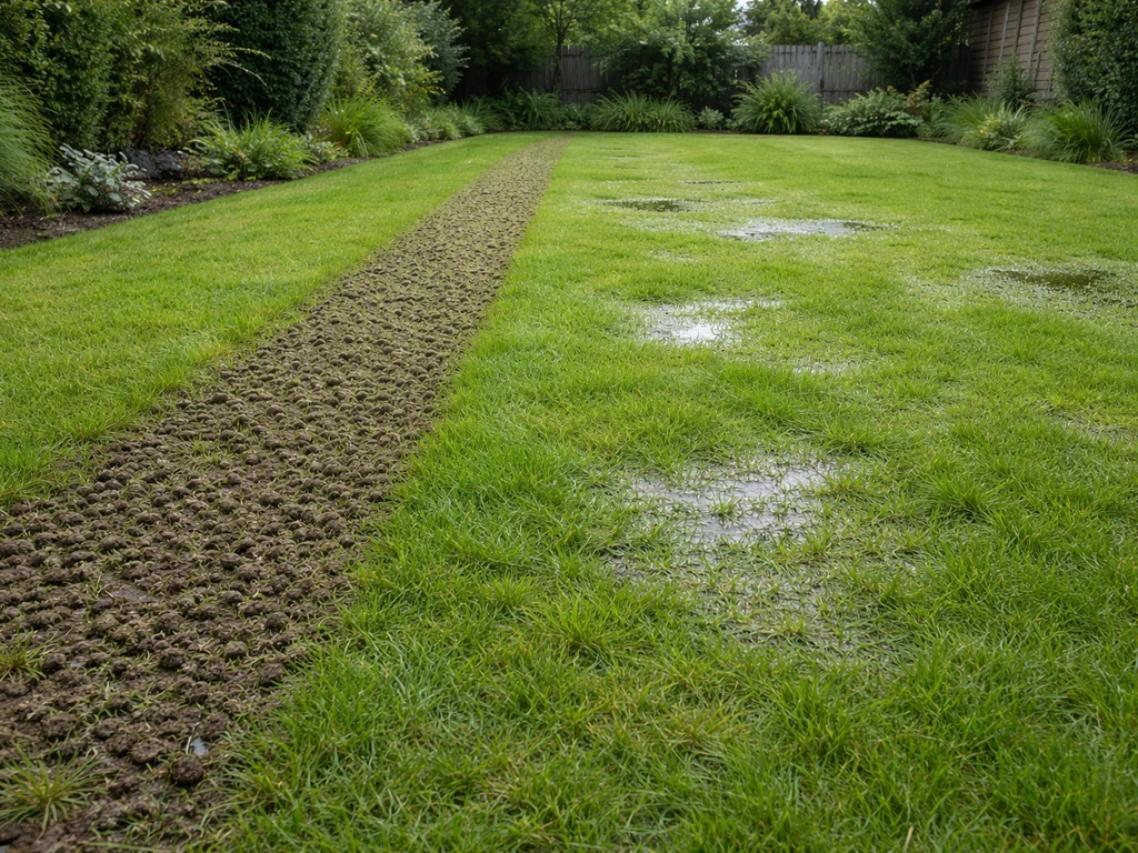 Gazon met zichtbare waterplassen na regen en een recent beluchte strook met grondkernen