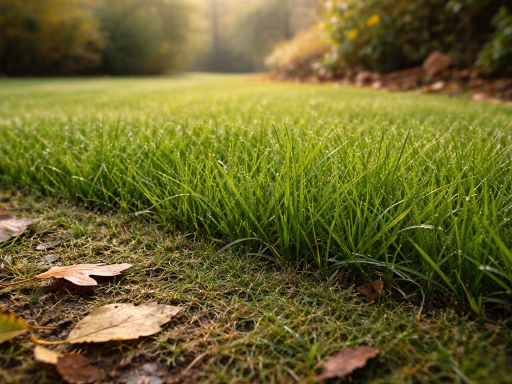 Gazon met opbouwend, iets langer gras in de herfst, passend bij de laatste maaibeurt