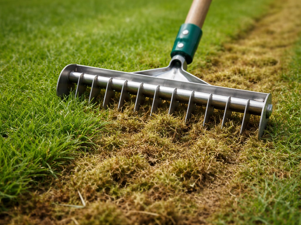 Tuinhark/verticuteermachine snijdt vilt en mos los in een gazon, met zichtbaar effect in het gras.