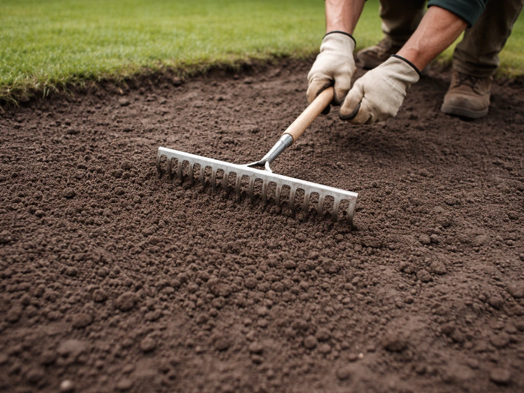 Gehandschoende hand die met een hark losse aarde opschraapt en een kale plek in de tuin egaliseert.