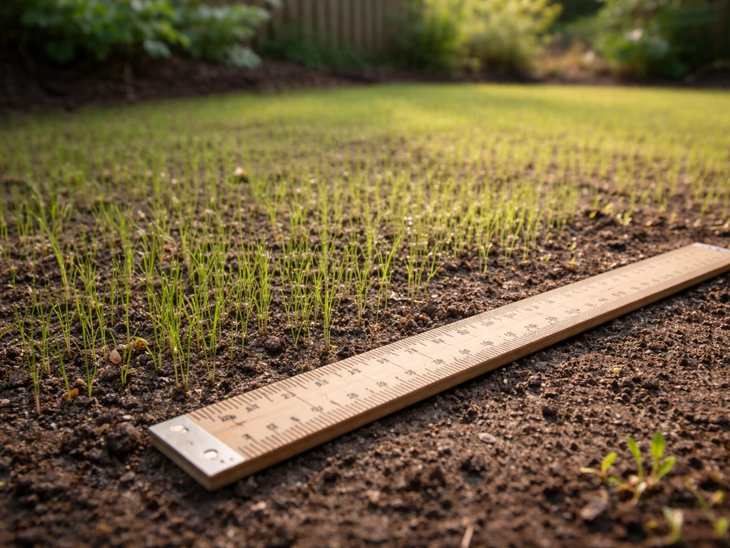 Tuin met jong gezaaid gras en een meetlat op de grond om de graslengte te meten.