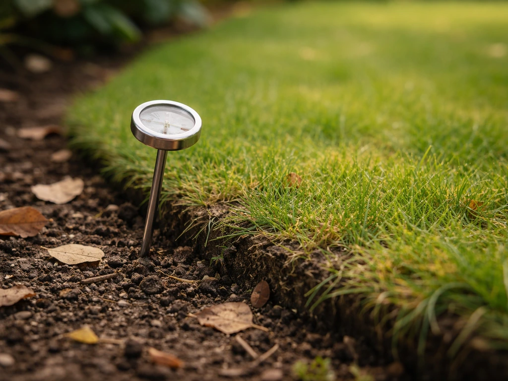 Bodemthermometer bij een gazonrand met herfstgroene bladeren en licht vochtige grond