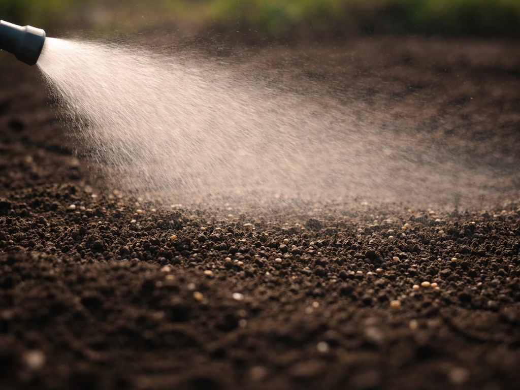 Fijne sproeier mist boven ingezaaide grond met een zichtbare, licht vochtige toplaag