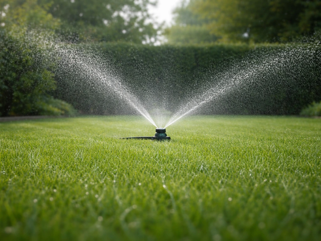 Groen gazon met sproeier die water sproeit, natte grasdraden bij zacht ochtendlicht in een rustige tuin.