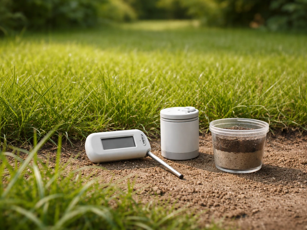 Overzicht van een stille tuin met thermometer, bodemmonster en gras, als symbolische factoren voor beregening
