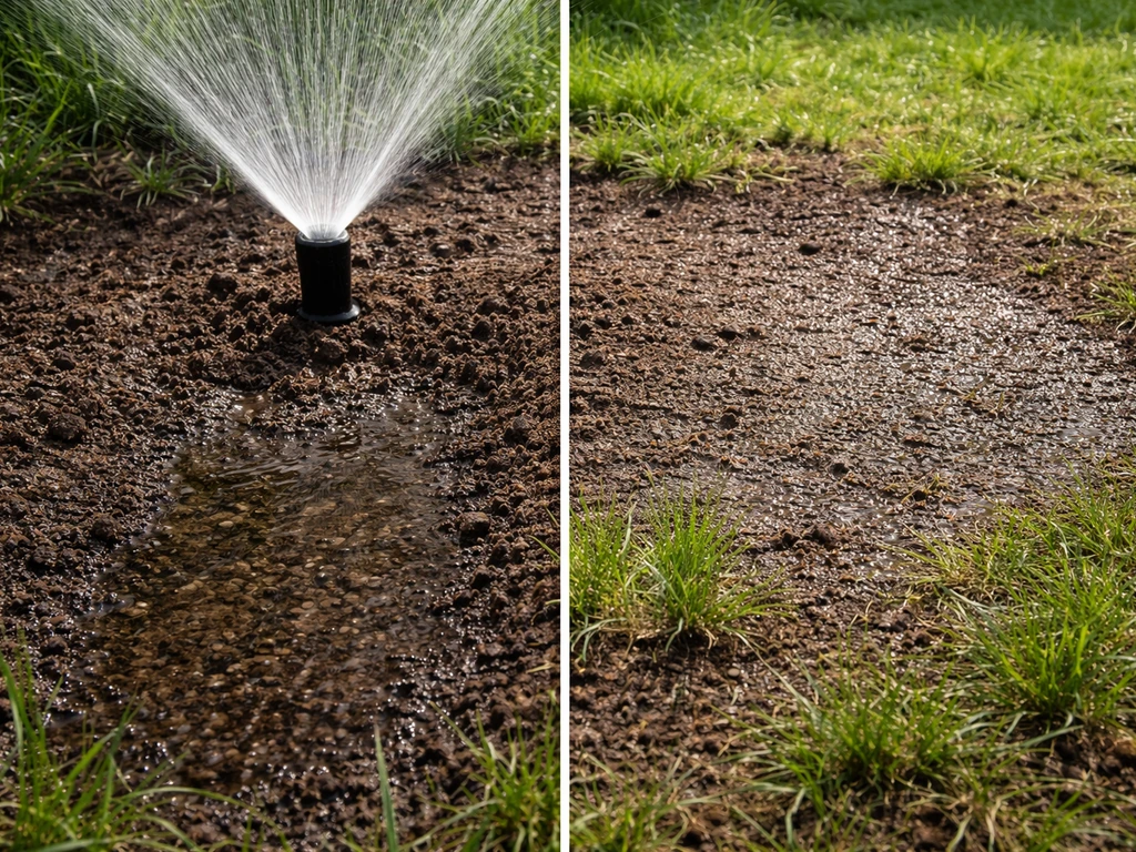 Tuinbesproeiing: water dringt diep in aarde bij lang sproeien, vs alleen natte toplaag bij kort sproeien