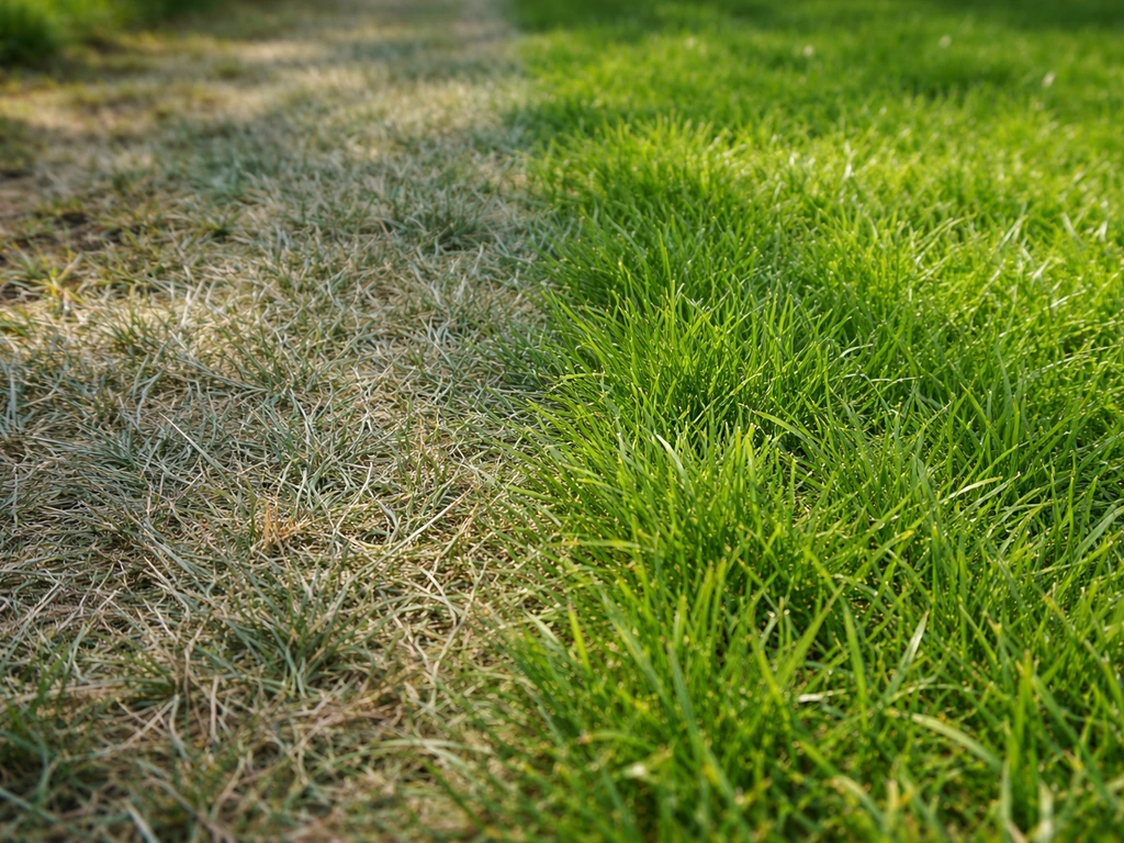 Close-up van gazon: blauwgrijs, mat gras naast groener, gezond gras in een rustige tuin
