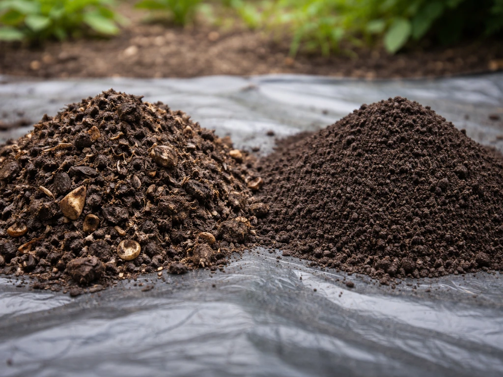 Twee hopen compost naast elkaar: ongezeefde met grove klonten en rijpe gezeefde met kruimelige, donkere structuur.
