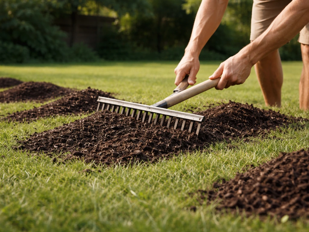 Kleine hoopjes compost op een gazon, direct verdeeld met platte hark/brede bezem in vakken.