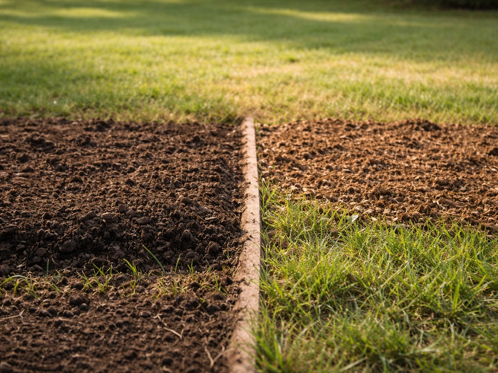 Twee stroken gras: links te dikke compostlaag die het gras verstikt, rechts een dunne compostlaag met zichtbaar gezond g